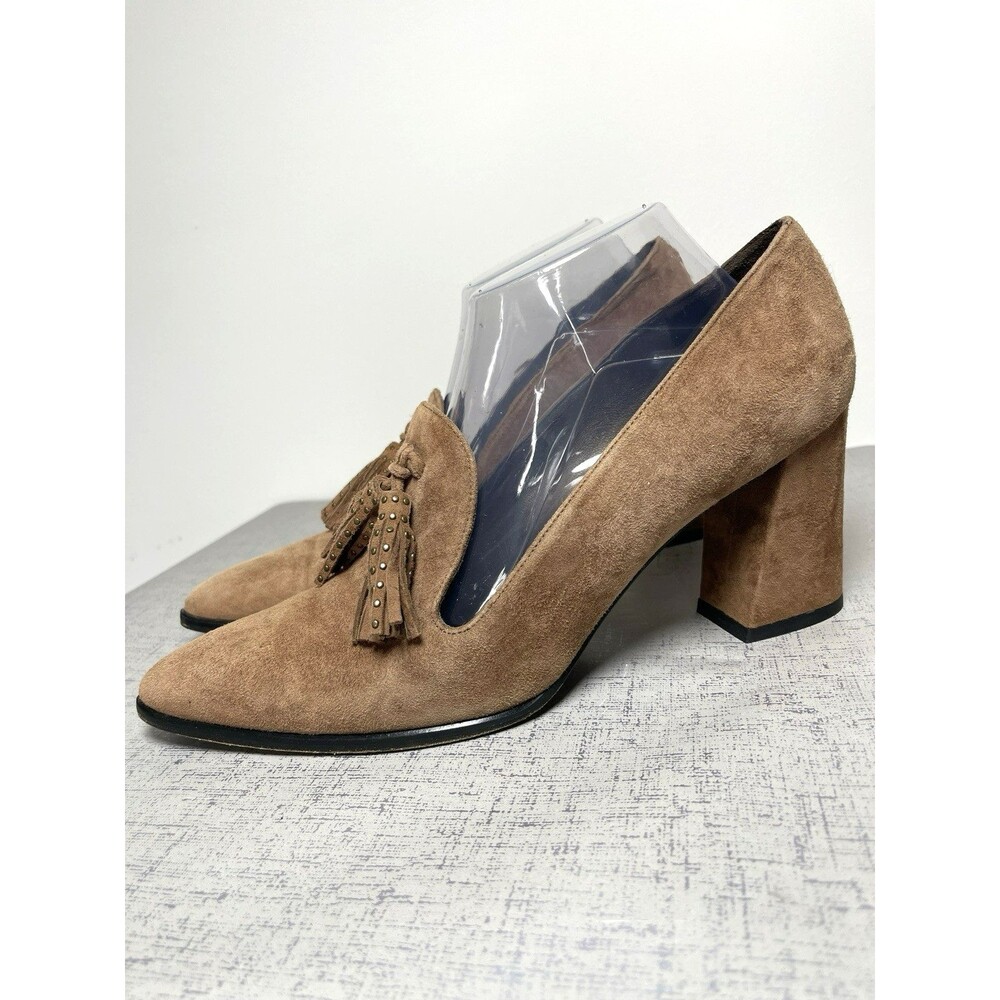 Stuart Weitzman Broom Tassel‎ Chunky Block Heel Pump US 11 Tan Suede Leather